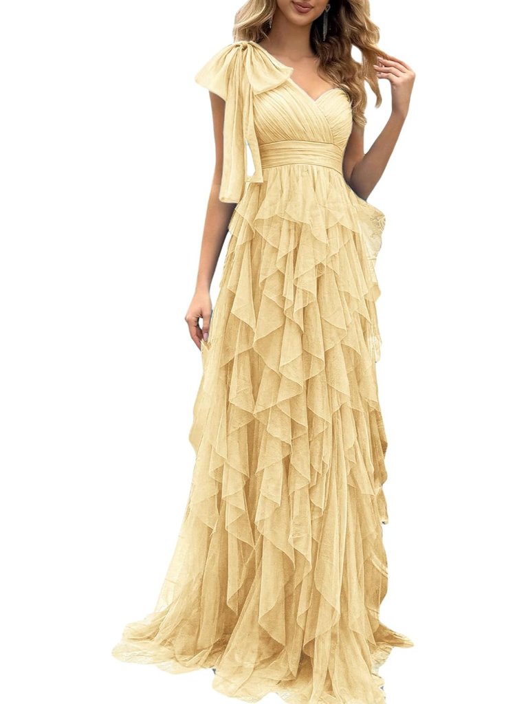 Women's Yellow Elegant Bow One Shoulder Slit Gown Tulle Imported Maxi Dress